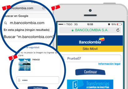 Ingresa al Sitio Móvil de Bancolombia (pasos 1,2 y 3)